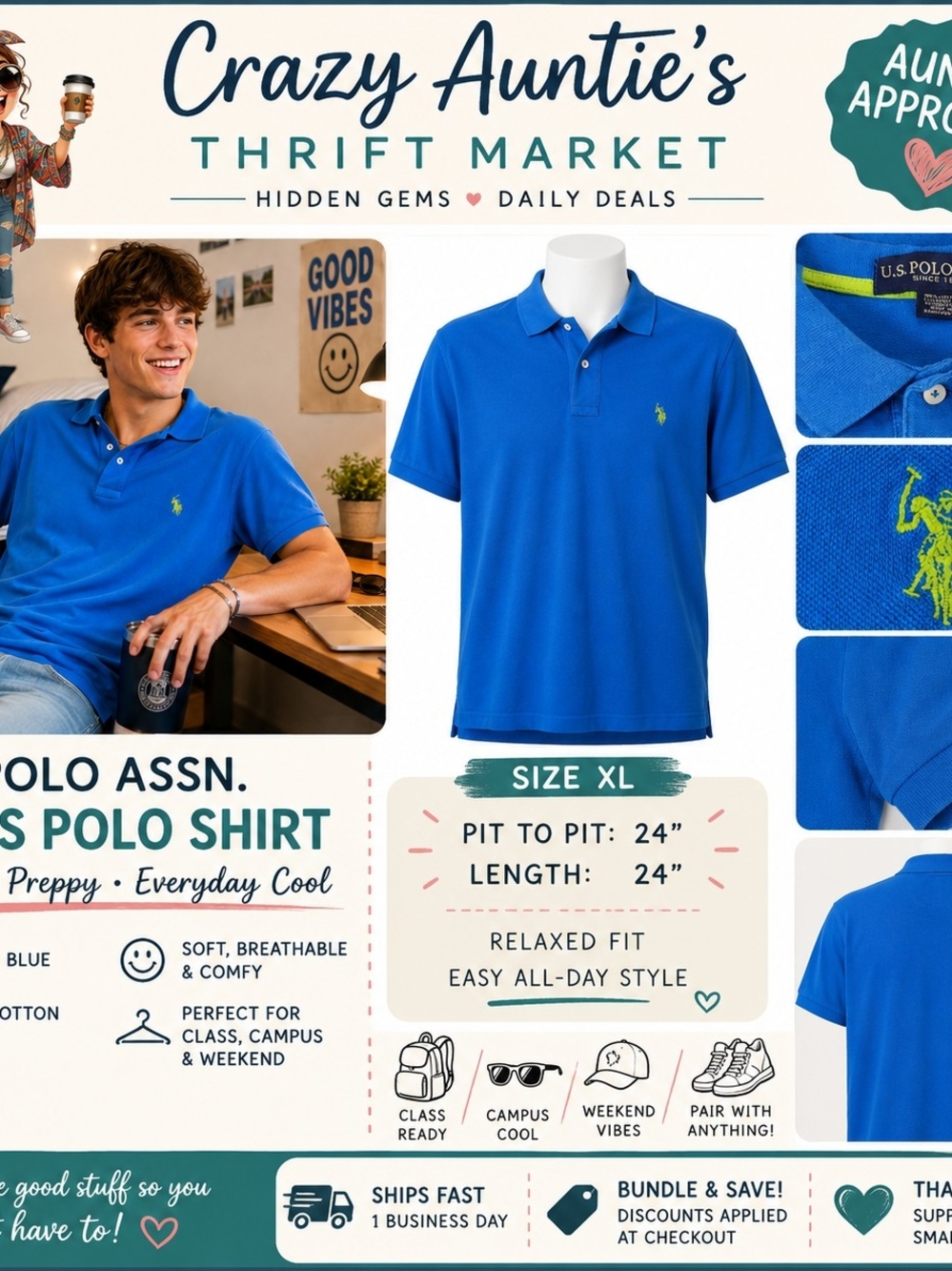 Men’s Blue Polo Shirt XL Preppy College Campus Classic Dorm U.S. Polo Assn